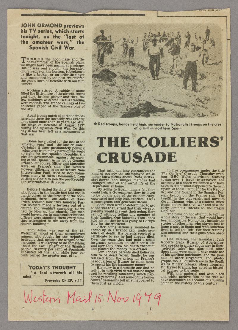 Western Mail article by John Ormond on his BBC series of programmes - &#039;The Colliers&#039;?? Crusade?&#039;. Undated, but 15 November 1979.