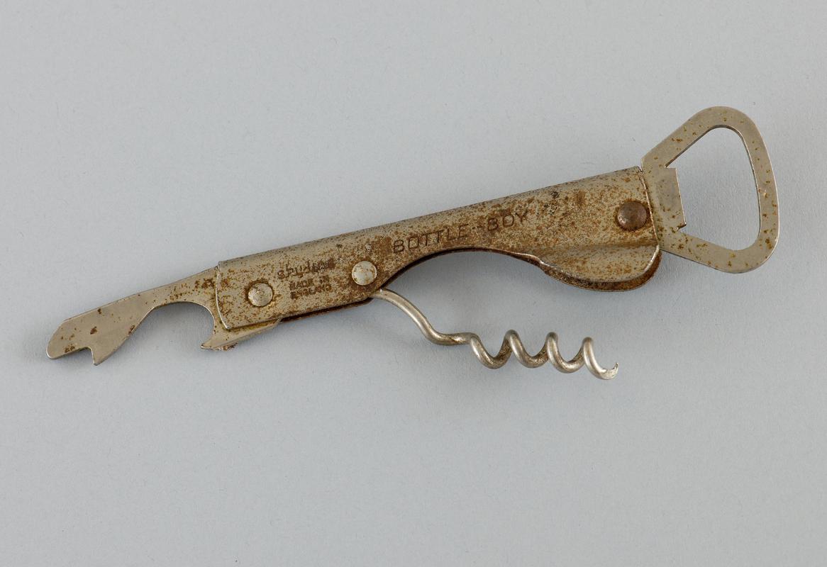 &#039;Bottle Boy&#039; Bottle and tin opener combined with folding corkscrew. (rusting).