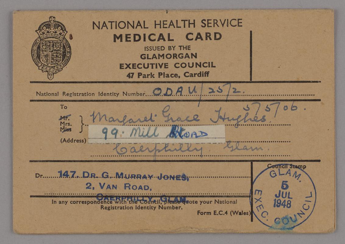 National Health Service Medical Card, stamped 5 July 1948