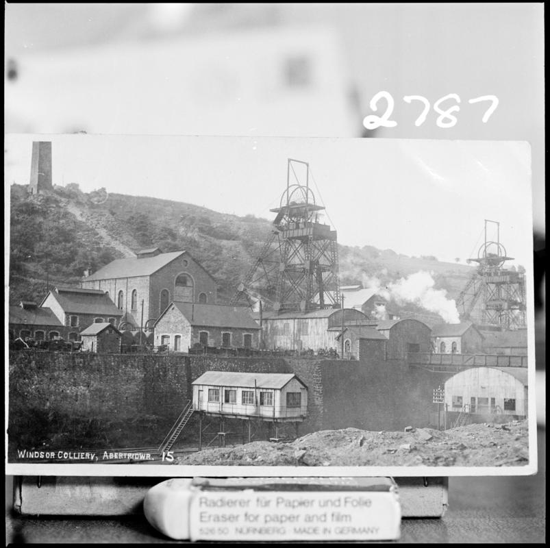 Black and white film negative of a photograph showing a surface view of Windsor Colliery, Abertridwr.  &#039;Windsor Abertri&#039; is transcribed from original negative bag.