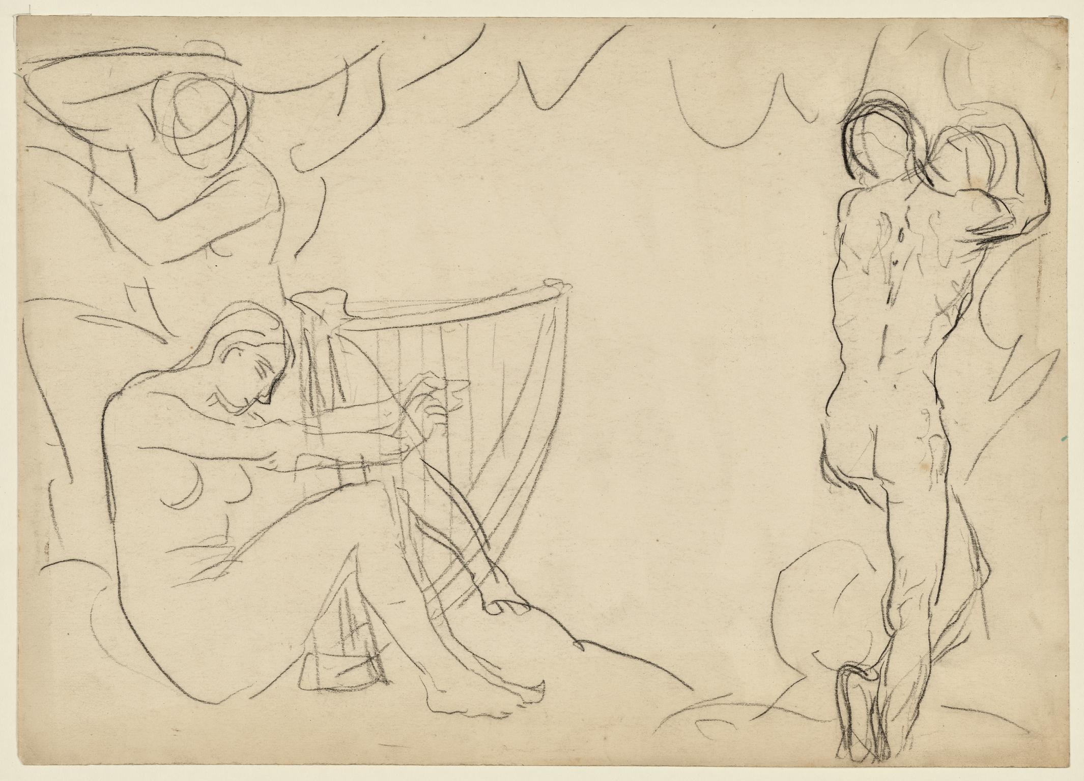 Seated female nude with harp and male nude