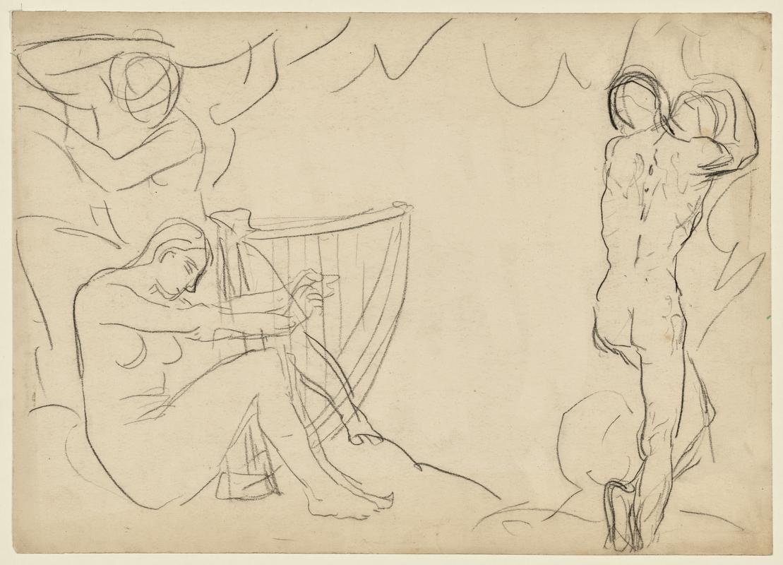 Seated Female Nude with Harp and Male Nude