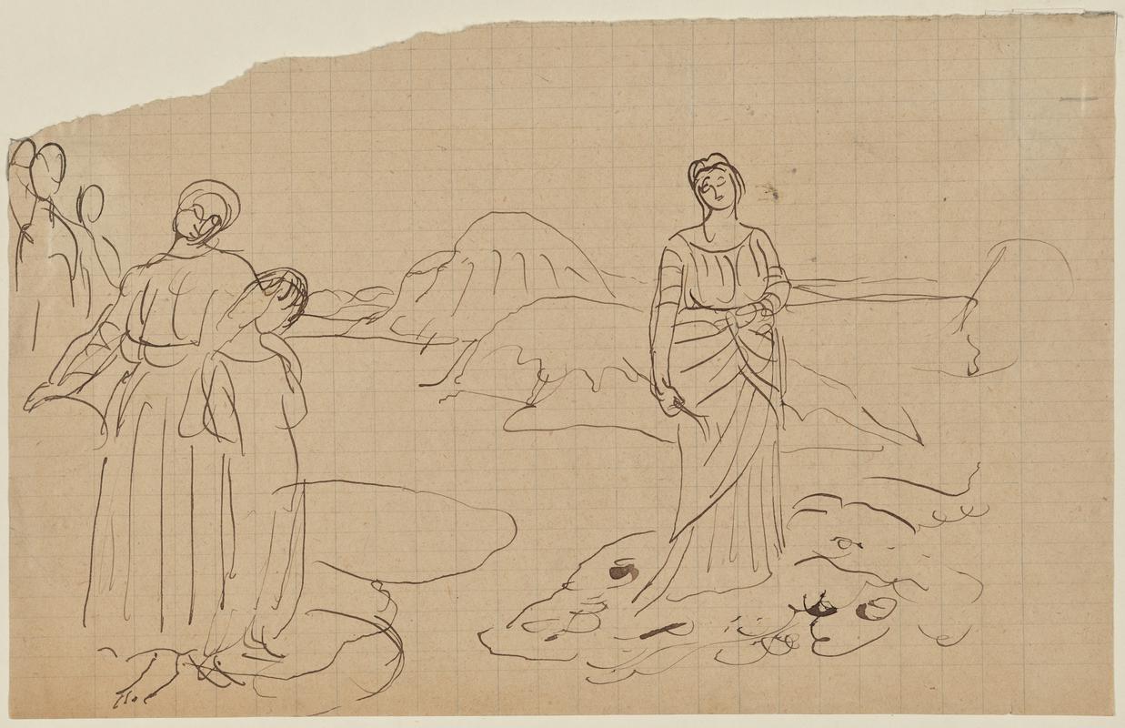 Three Figures in a Landscape of Mountains and Lakes