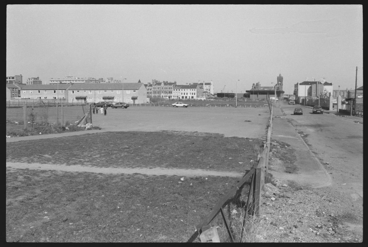 East view along Stuart Street, with the Welsh Industrial and Maritime Museum, and Pier Head building in background.