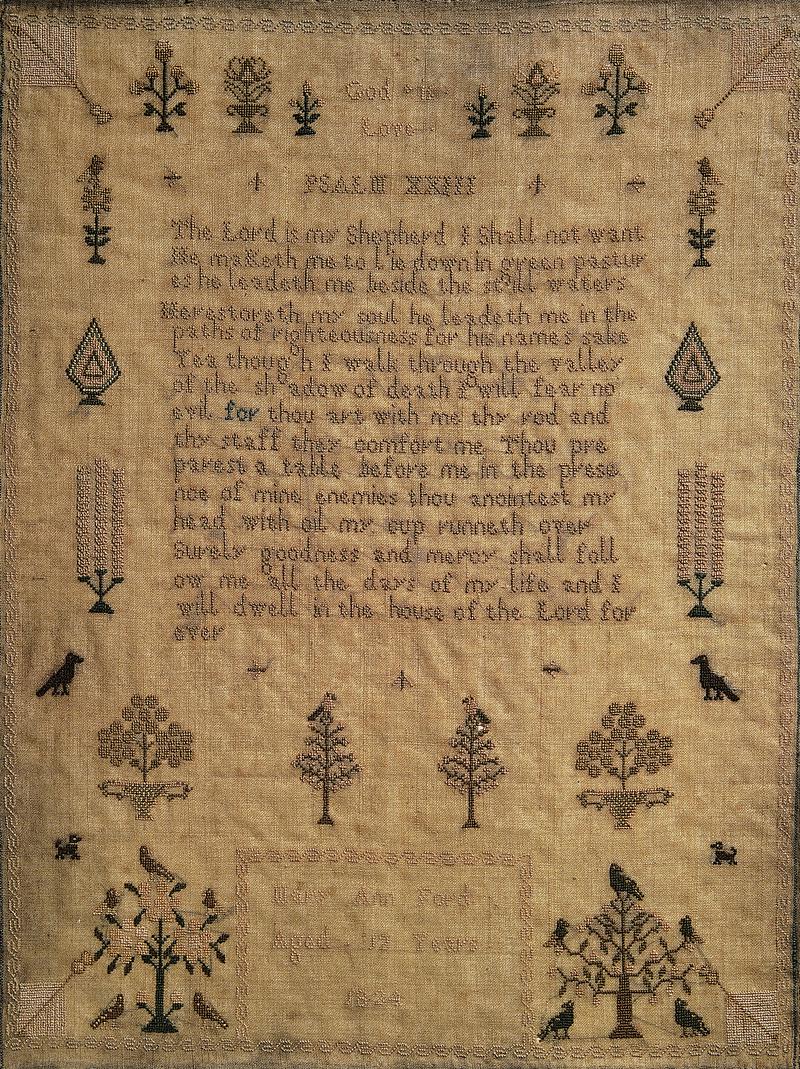 Sampler (Biblical verse &amp; motifs), made in England, 1824