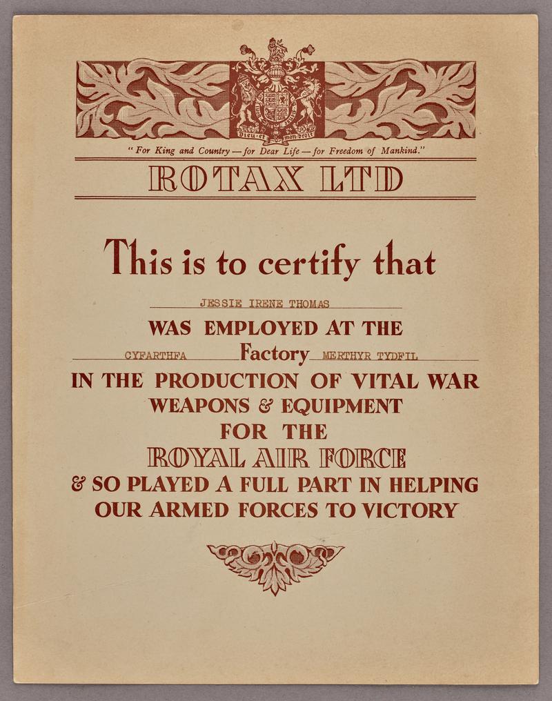 Munitions worker&#039;s certificate, Second World War