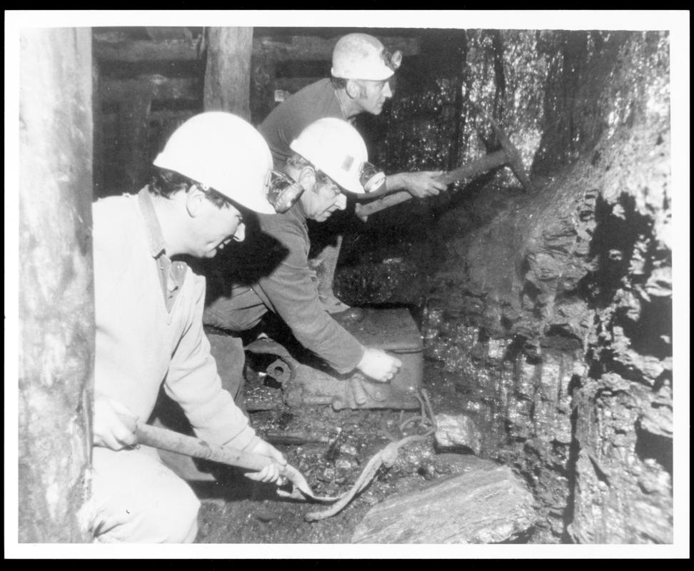 Underground repairers/guides David Jones (donor), Billy Godfrey &amp; Max Gwillam underground at Big Pit Museum.