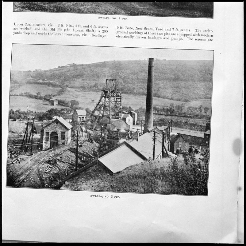 Black and white film negative showing a view of Bwllfa Colliery, No.2 Pit, photographed from a publication.  &#039;Bwllfa No. 2 Pit&#039; is transcribed from original negative bag.