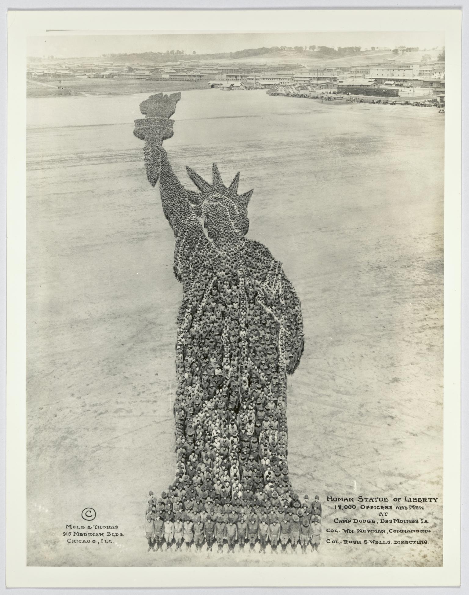 Human Statue of Liberty, 18,000 officers and men at Camp Dodge, Des Moines, IA. Col Wm Newman commanding Col Rush S.Wells directing.