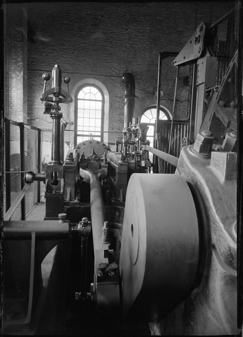 Black and white film negative showing a horizontal  steam winding engine on the Coedcae shaft, Lewis Merthyr Colliery.