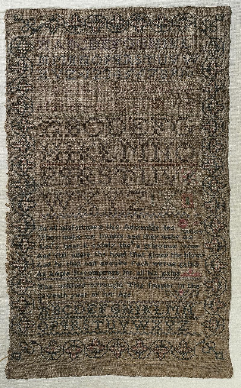 Sampler (verse &amp; alphabet), made in Nant-y-glo, late 18th century