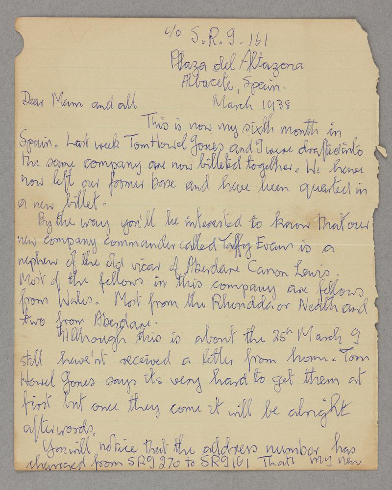 Handwritten letter from Edwin Greening to &#039;Mam and all&#039; written from Albacete, Spain, March 1938. Written on both sides of one sheet of paper torn from a note book.