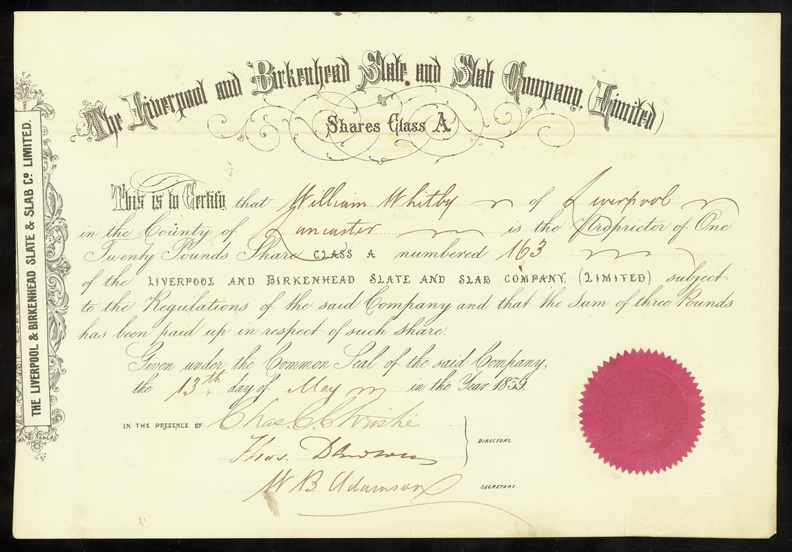 Liverpool &amp; Birkenhead Slate &amp; Slab Co. Ltd., share certificate (front)