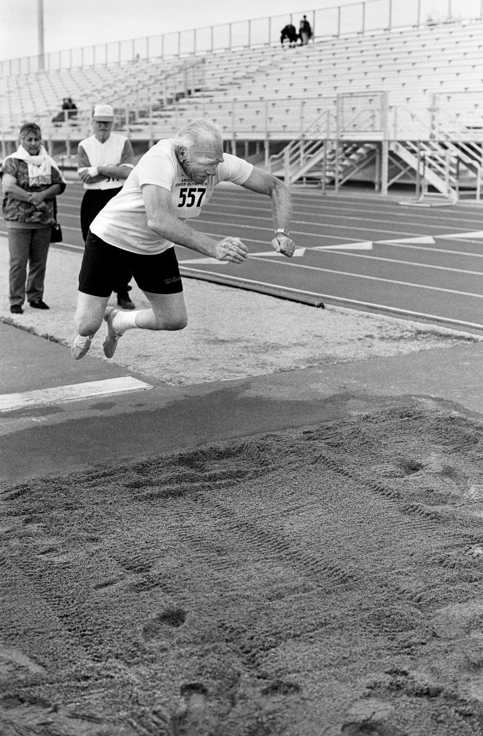 Senior Olympics. The standing long jump. 80 to 85. Tempe, Arizona USA