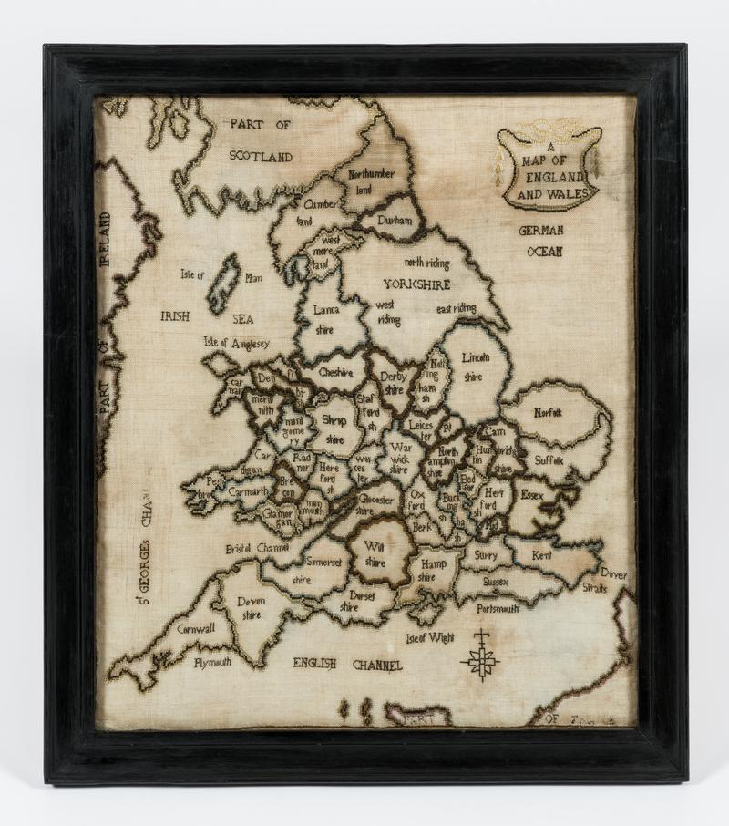 Framed textile map of England and Wales, North Sea or German Ocean.