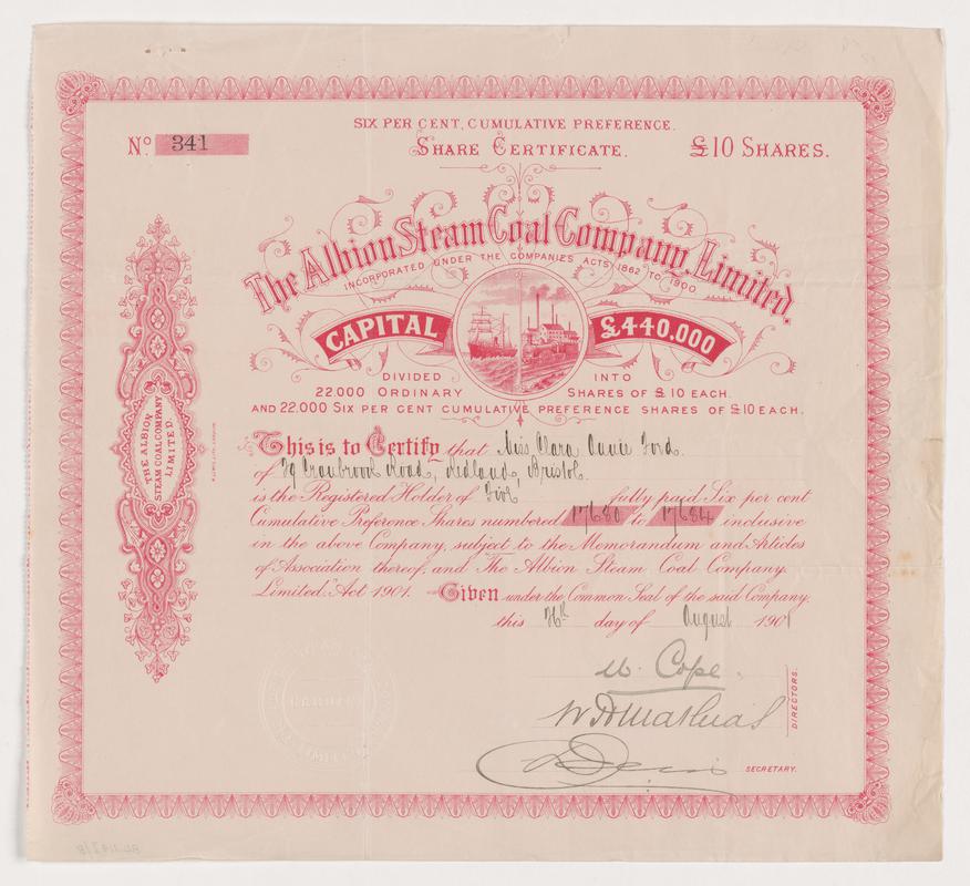 Albion Steam Coal Company Limited, £10 6% cumulative preference shares, 1901