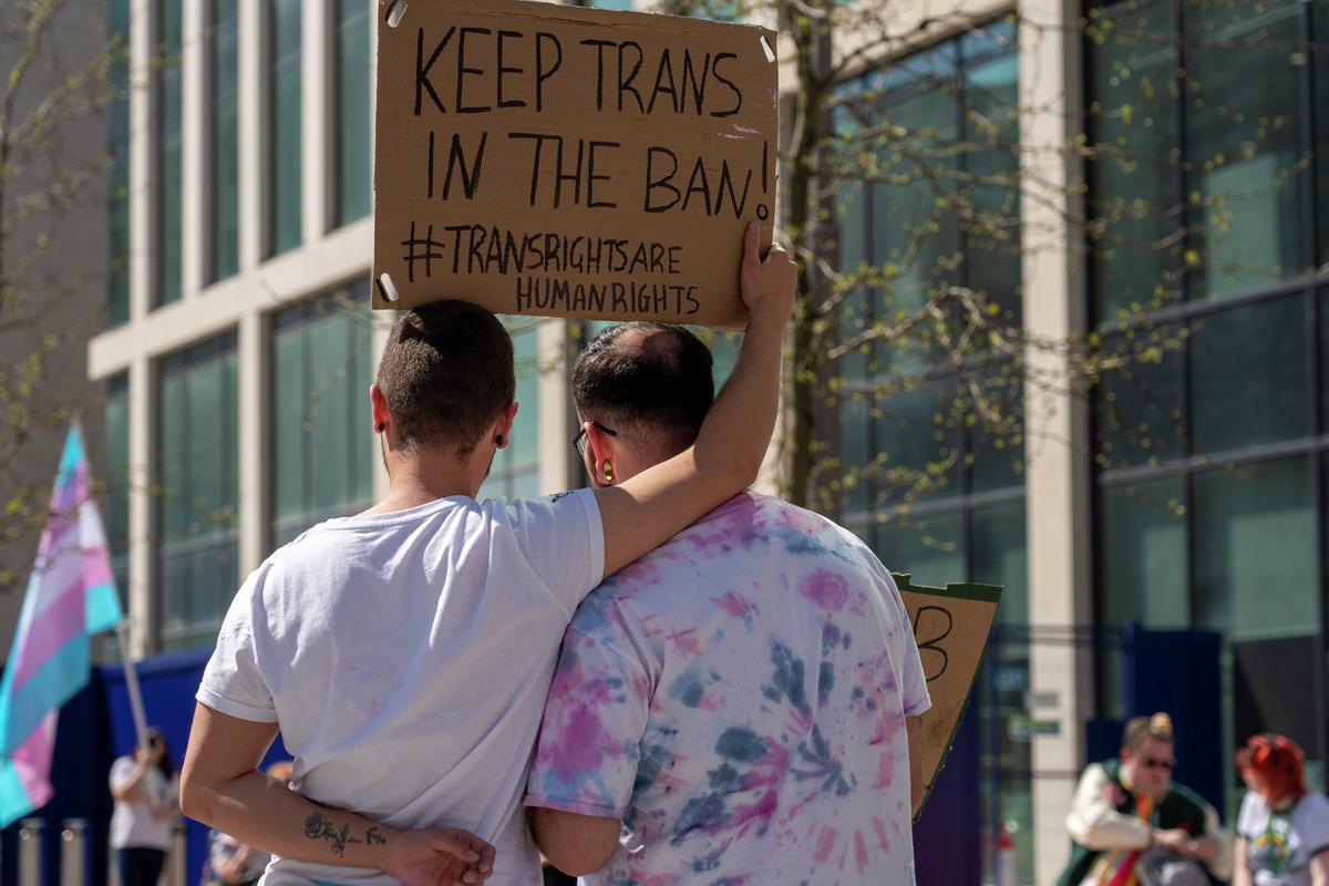 Digital photograph taken at the protest, organised by Trans Aid Cymru, against conversion therapy, on 26 April 2022.