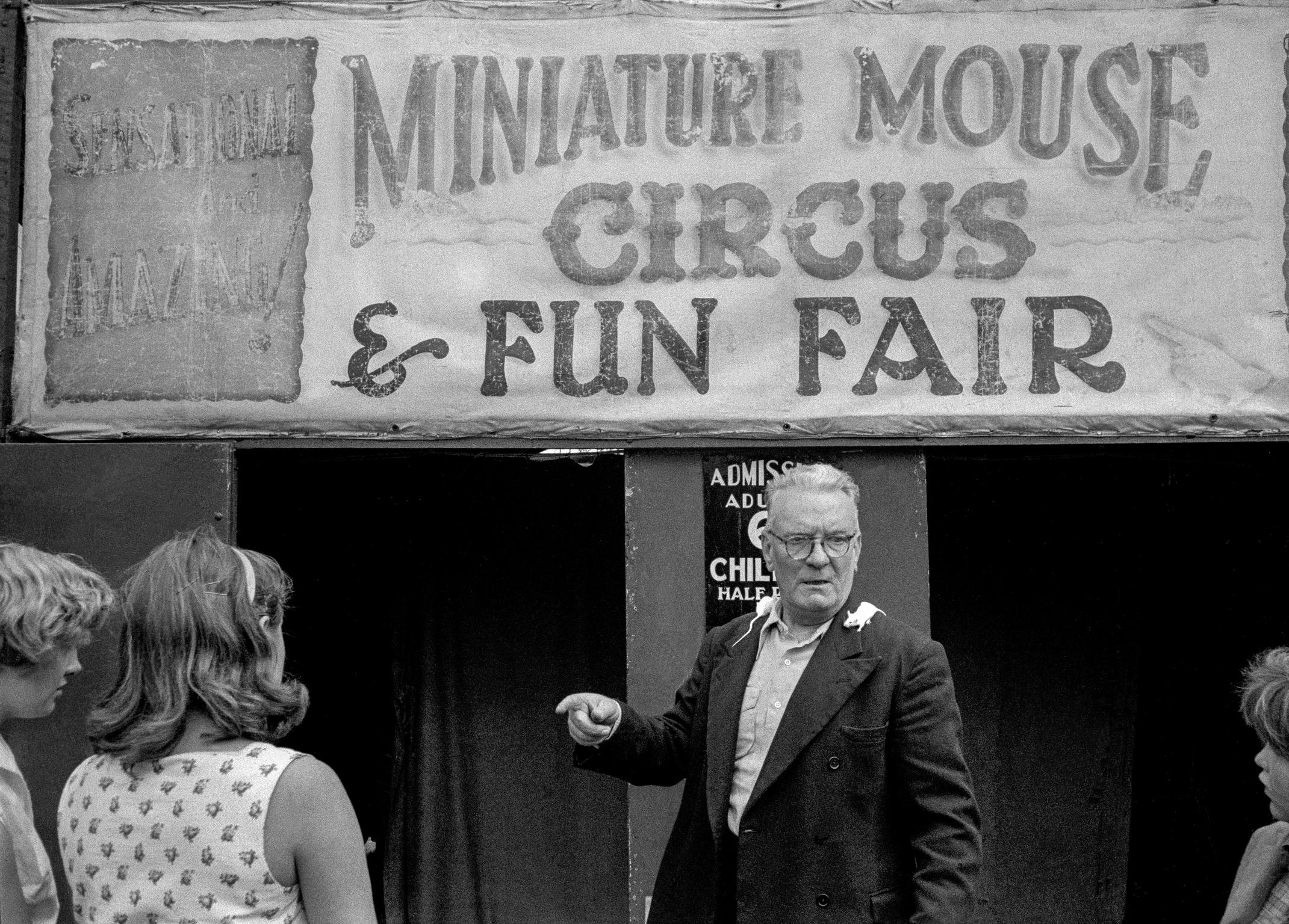The annual bank holiday fair on Hampstead Heath in North London. The miniature Mouse Circus, one of the many side shows. Taken on a Contax 2 camera (first professional camera)