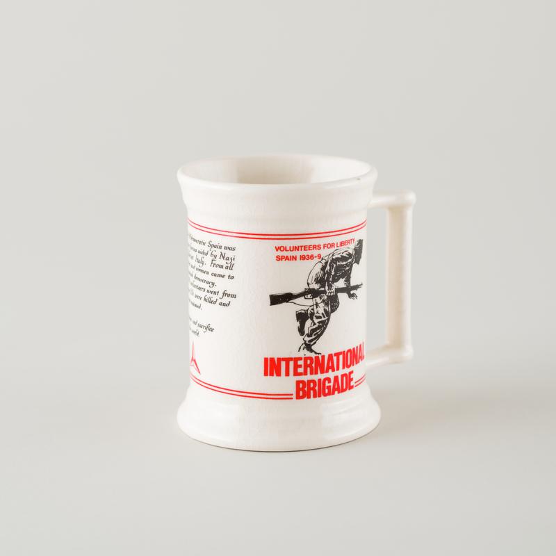 International Brigade 50th anniversary commemorative mug. Black and red print on white background.