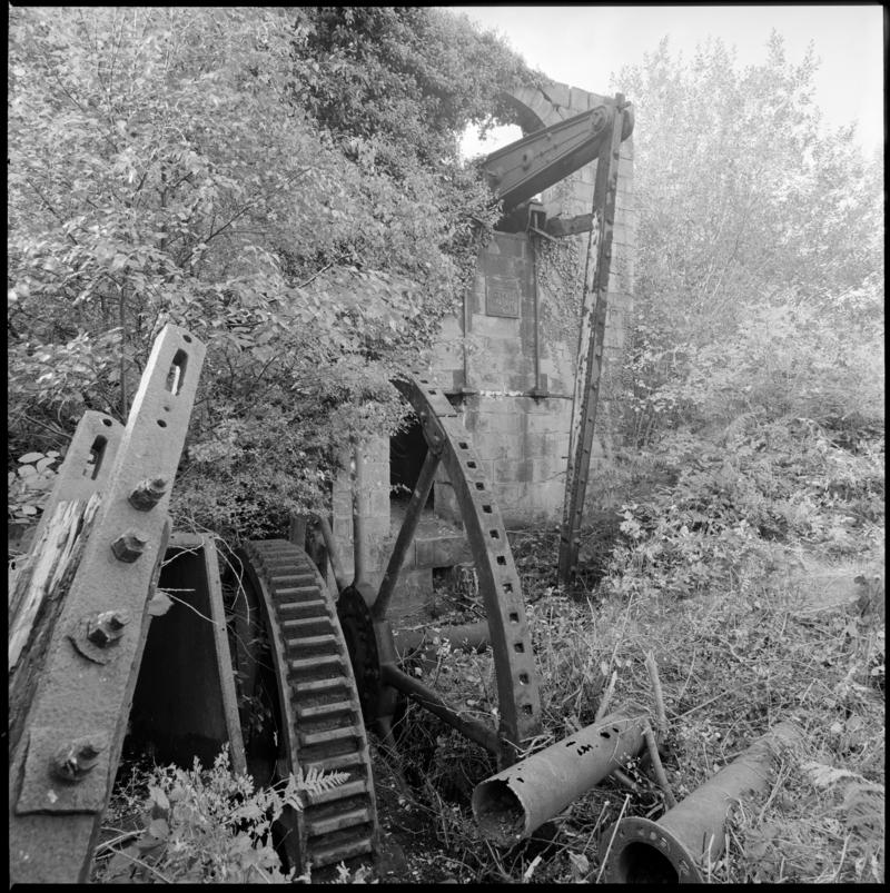 Black and white film negative showing the Neath Abbey pumping engine, Glyn Pits.  &#039;Glyn Pits&#039;  is transcribed from original negative bag.