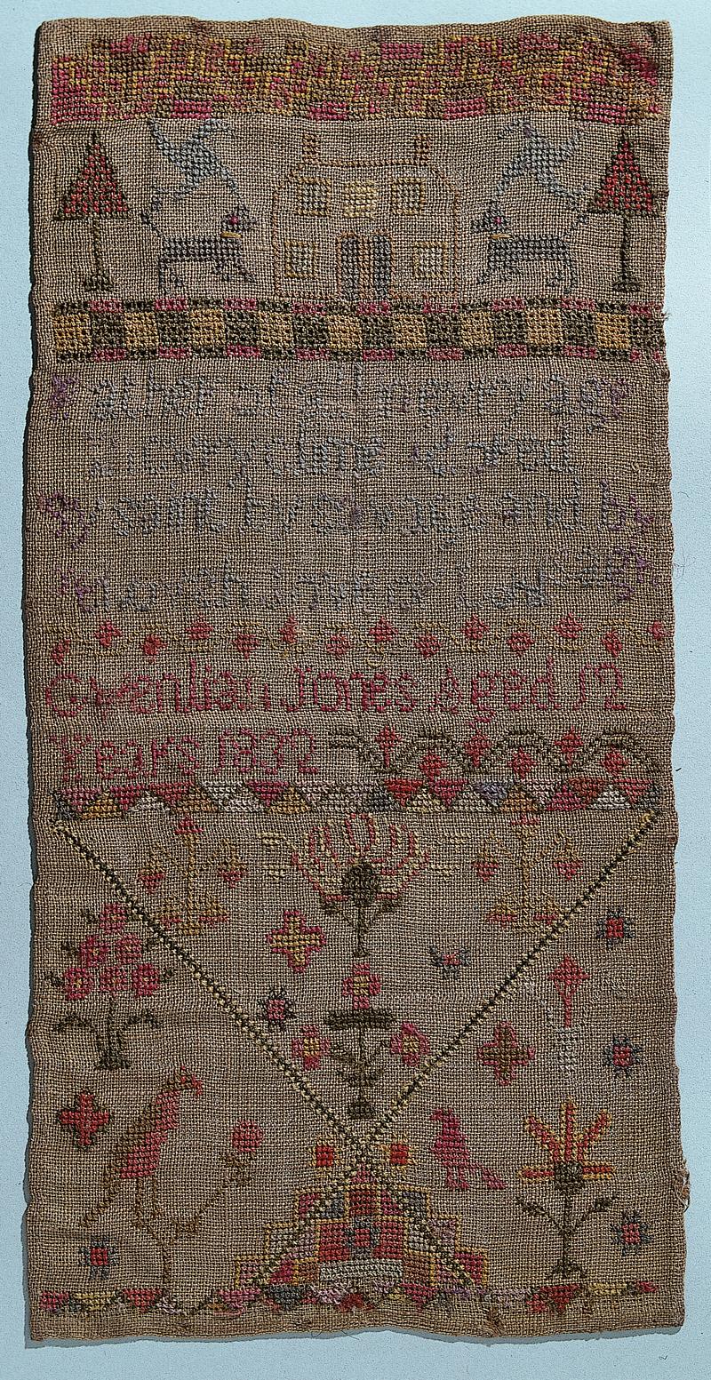 Sampler (motifs &amp; verse), made in Wales 1832