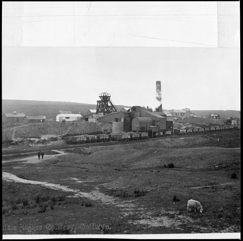 Black and white film negative showing a surface view of Dulais Higher Colliery.  &#039;Dulais Higher Onllwyn&#039; is transcribed from original negative bag.