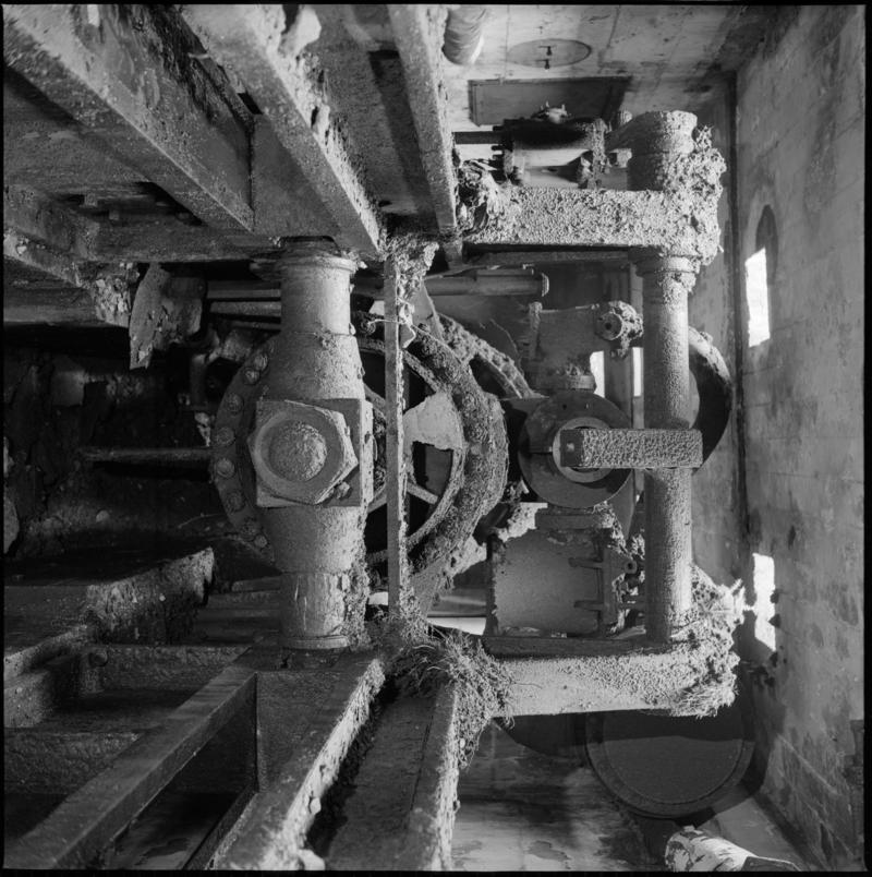 Black and white film negative showing the Davey pumping engine, Llanover Colliery 22 October 1975. It was installed by the Bargoed Coal Co. in 1913.  &#039;Llanover 22/10/75&#039; is transcribed from original negative bag.
