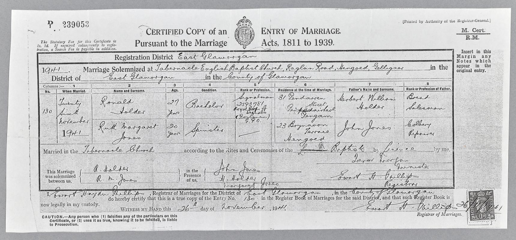 Marriage certificate (photocopy)  - Ronald Holder collection