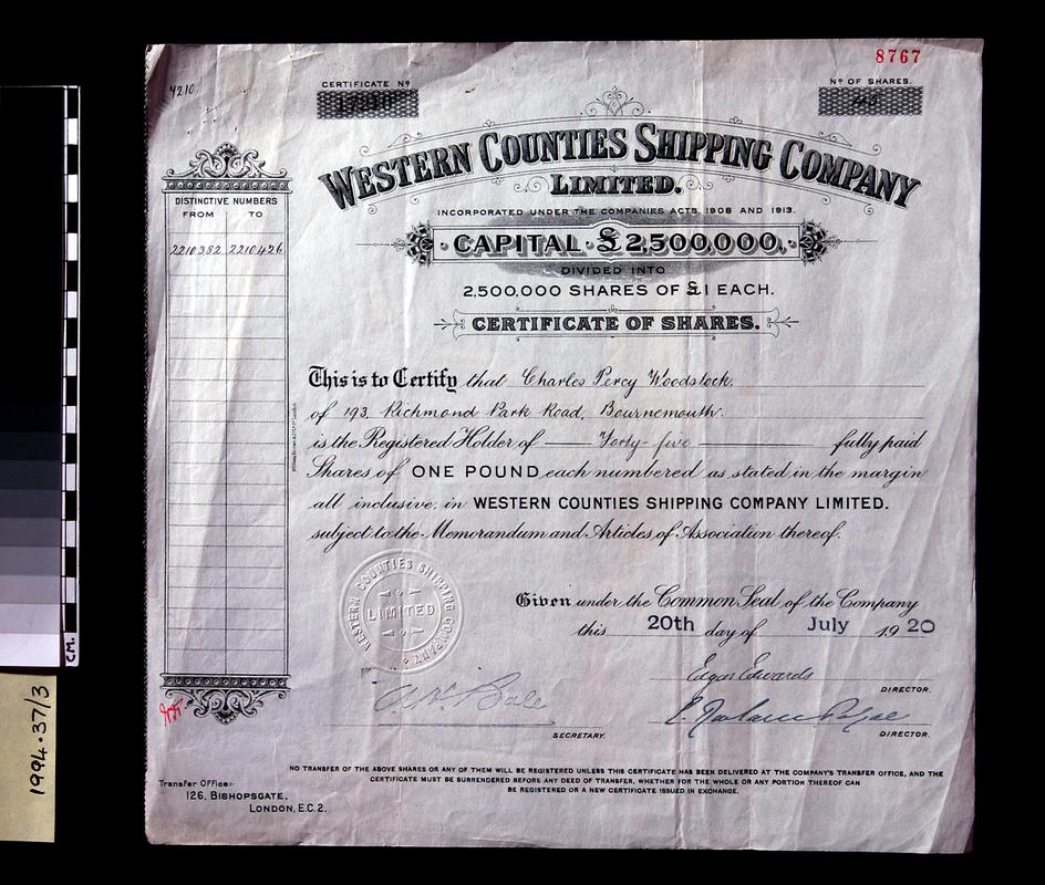 Western Counties Shipping Co.Ltd., share certificate