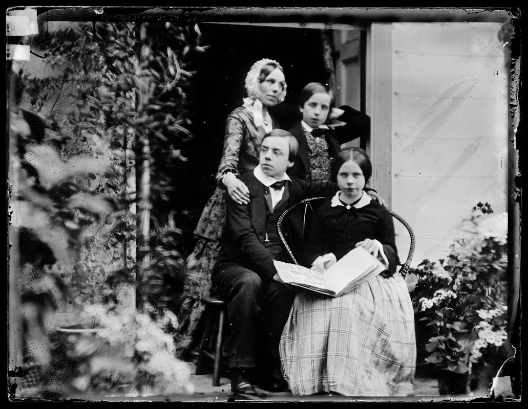 Fanny Moggrdige and children, glass negative