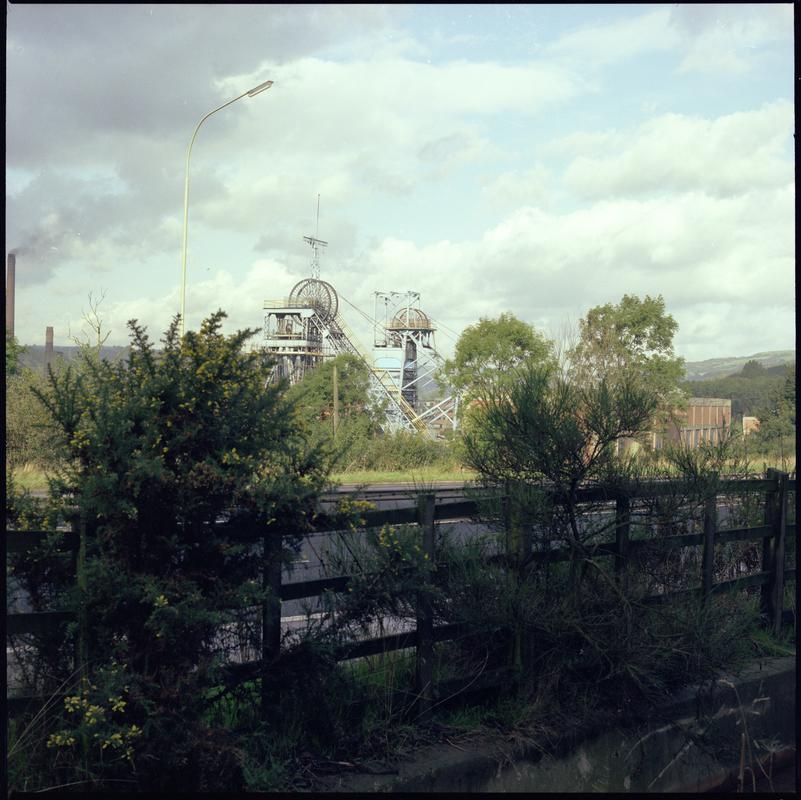 Colour film negative showing a view of the upcast and downcast shafts, Nantgarw Colliery.  &#039;Nantgarw&#039; is transcribed from original negative bag.