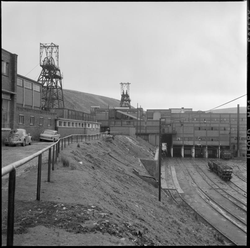 Black and white film negative showing Maerdy Colliery washery built over the railway sidings.  &#039;Mardy&#039; is transcribed from original negative bag.