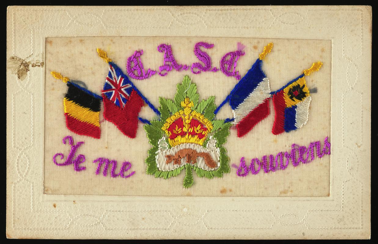 Embroidered postcard inscribed &#039;E.A.S.E. Te me Souviens&#039;. Handwritten message on back. Sent to Miss Evelyn Hussey, from her brother Corporal Hector Hussey of the Royal Welch Fusiliers, during the First World War.