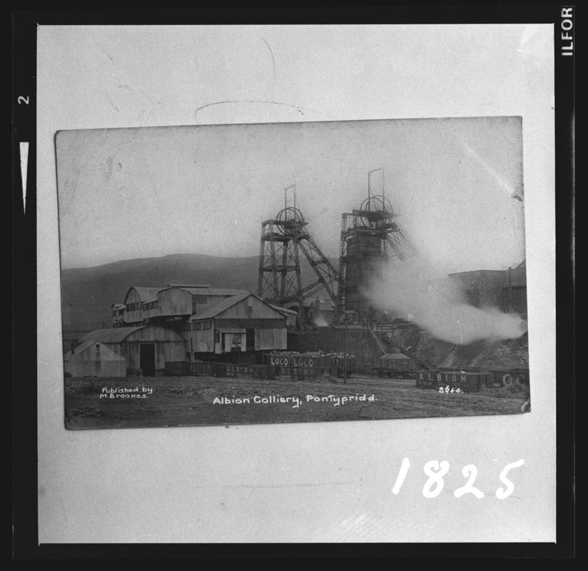 Black and white film negative of a photograph showing a surface view of Albion Colliery, Cilfynydd.