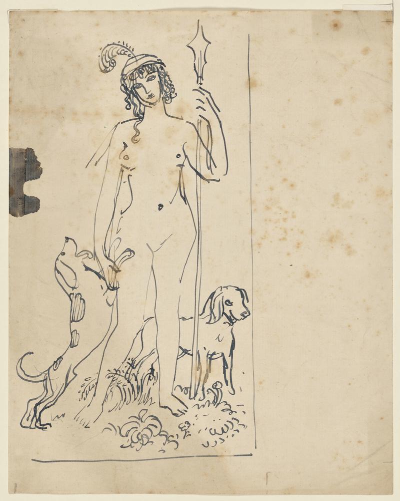 Woman with Head-Dress and Hounds