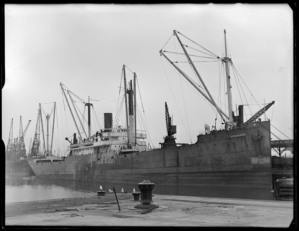 Three quarter starboard bow view of S.S. ARENADOS, at Cardiff Docks, c.1948.