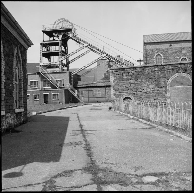 Black and white film negative showing the pit head at Ffaldau Colliery, 1978.  &#039;Ffaldau 1978&#039; is transcribed from original negative bag.