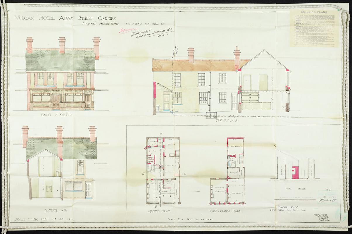 Digital scan of second page of architectural plans from 1914 of the Vulcan Hotel, Cardiff. Labelled &#039;Vulcan Hotel Adam Street Cardiff. Proposed alterations for Messrs W.W.Nell Ltd&#039;. Architect - Fred J. Veall. Submitted as part of Planning Application. Approved October 1914.