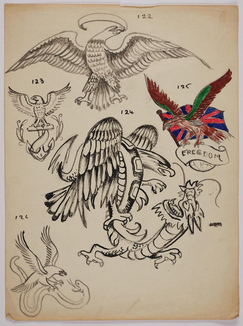 Tattoo Flash: Images include eagles with snake and dragon, eagle with anchor, and union jack.