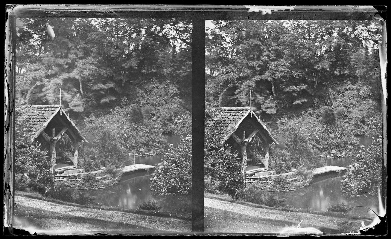 Penllergare, shanty on upper lake, stereo negative