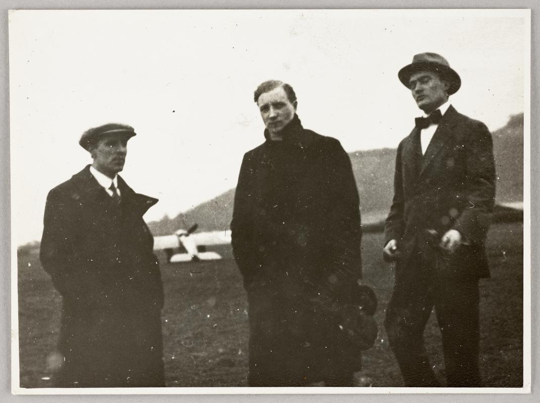 Left to right - C.H. Watkins, Gustav Hamel and Hamel&#039;s secretary at Cardiff March 1914.