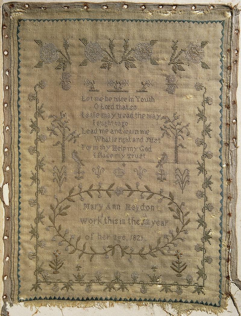 Sampler (verse &amp; motifs), made in England, 1821