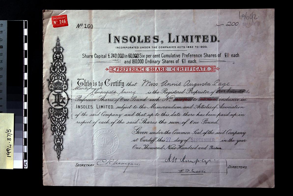 Insoles Ltd., share certificate