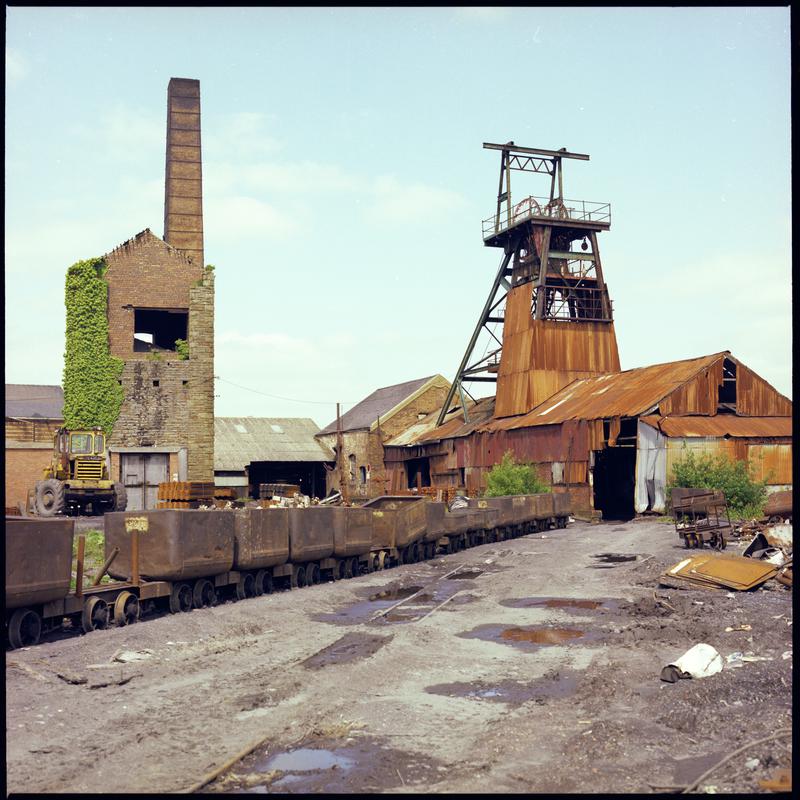 Colour film negative showing the derelict pumping engine house which contained a beam pump, Morlais Colliery. &#039;Morlais&#039; is transcribed from original negative bag.  Appears to be identical to 2009.3/2190.