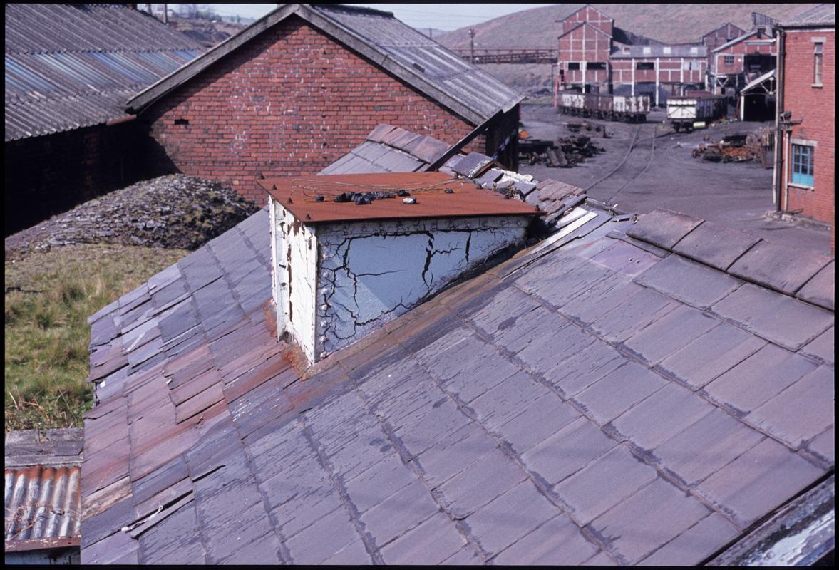 Colour film slide showing roof of a Graig Merthyr Colliery building, 1970s.