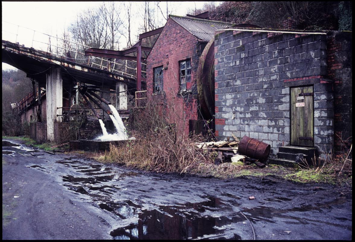 Colour film slide showing the waddle fan and engine house, Clydach Merthyr Colliery, 19 February 1977.
