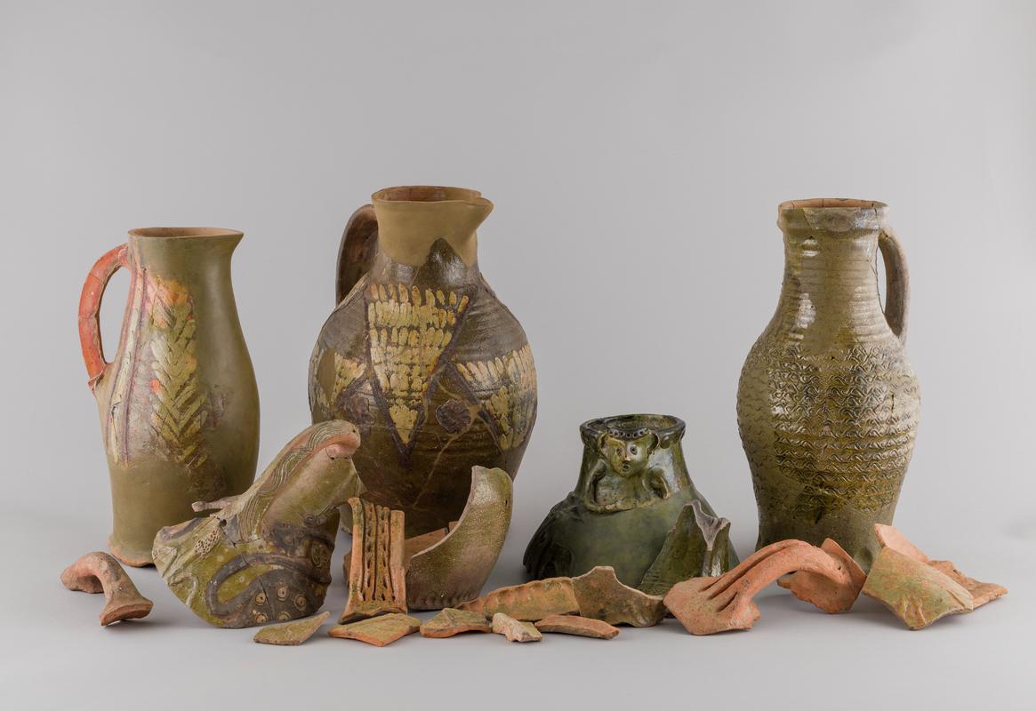 Medieval pottery jug (group shot)