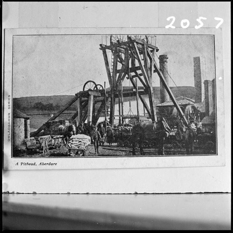 Black and white film negative of a photograph showing a general surface view of an unknown colliery, Aberdare.  Image is photographed from a publication.  &#039;Aberdare&#039; is transcribed from original negative bag.