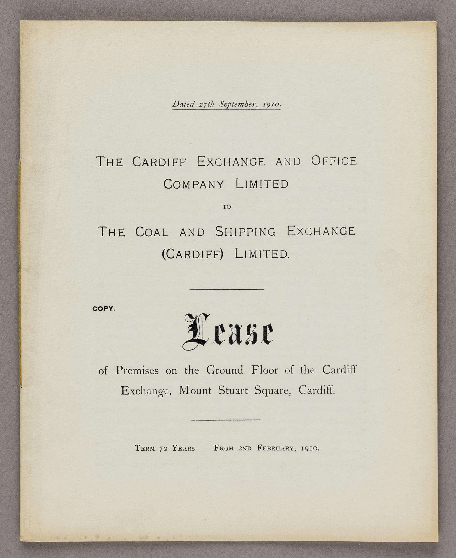 Coal & Shipping Exchange (Cardiff) Ltd, lease 1910
