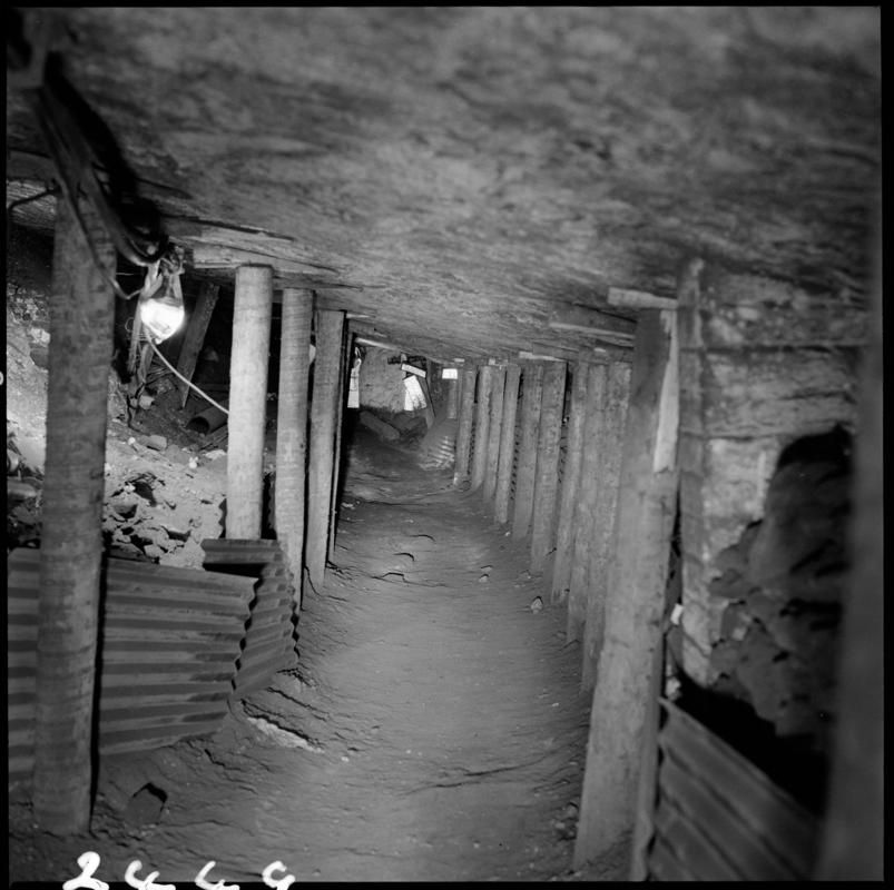 Black and white film negative showing a timbered face, Morlais Colliery.  &#039;Morlais&#039; is transcribed from original negative bag.